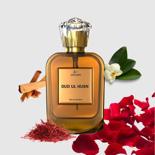 “Zeonik Oud Ul Husn perfume bottle, a luxurious fragrance with rich oud notes, elegantly designed for sophisticated tastes.”
